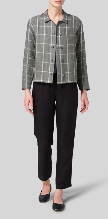 Green Plaid Linen Cropped Shirt Jacket with Pockets