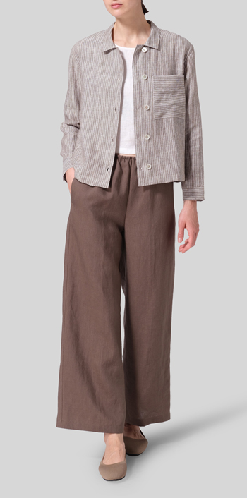 Khaki Stripe Linen Cropped Shirt Jacket with Pockets