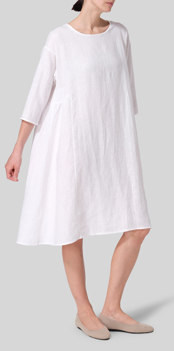 White Linen A-Line Round Neck Dress