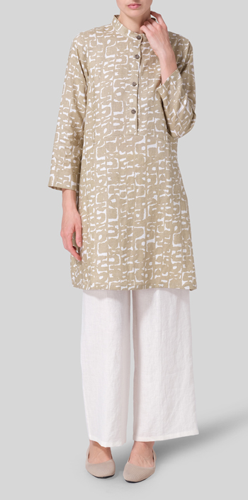 Khaki Print Linen Mandarin Collar A-line Smock Long