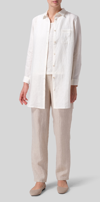 Soft White Linen L/S Solid Basic Button Front Long Blouse
