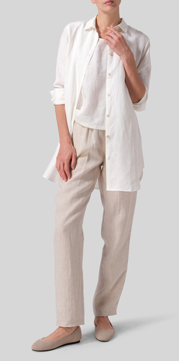 Soft White Linen L/S Solid Basic Button Front Long Blouse