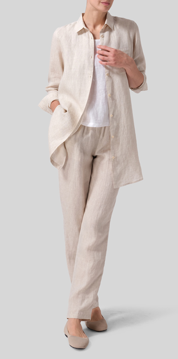 Oat Linen L/S Solid Basic Button Front Long Blouse