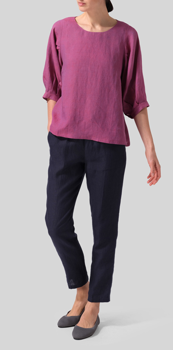 Two Tone Purple Linen Pleated Sleeve Top