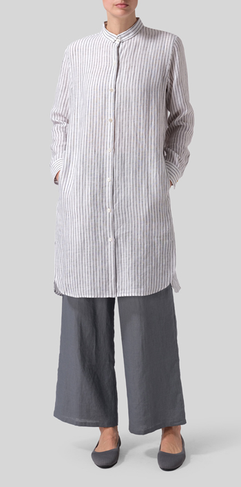 Gray White Stripe Linen Stand Collar Long Shirt