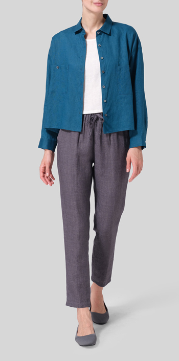 Peacock Blue Linen Sloped Shoulder Wide Boxes with Collar Cropped Shirt