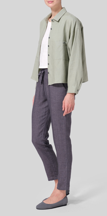 Moss Green Linen Sloped Shoulder Wide Boxes with Collar Cropped Shirt
