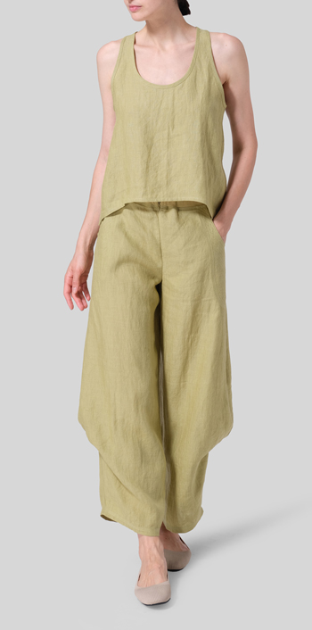 Olive Yellow Linen Scoop Neck Halter Backs Vest Set