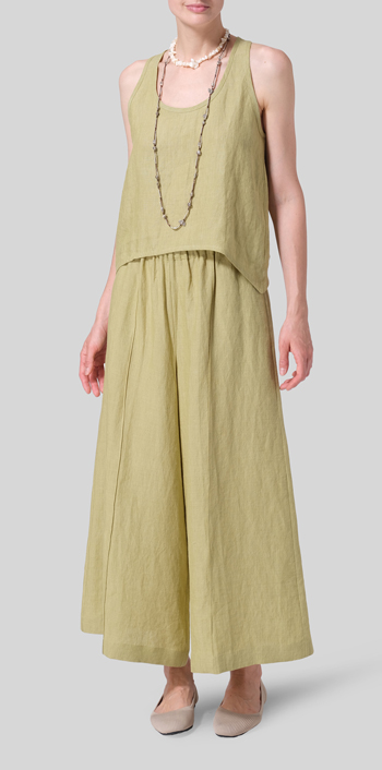 Olive Yellow Linen Scoop Neck Halter Backs Vest With Necklace