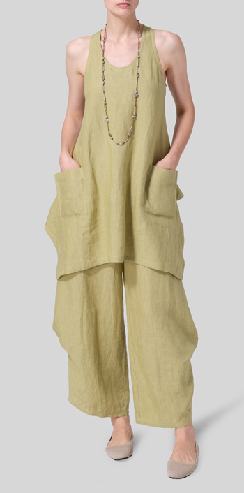 Olive Yellow Linen Scoop Neck Halter Backs Tunic Set