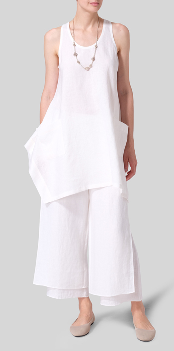 White Linen Scoop Neck Halter Backs Tunic Set