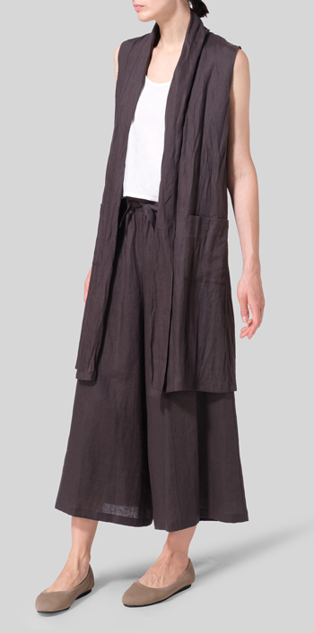 Linen Open-Front Shawl-Collar Vest Jacket