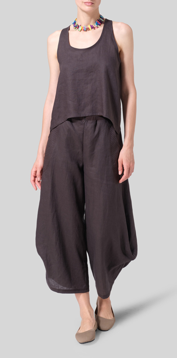 Dark Charcoal Linen Scoop Neck Halter Backs Vest Set