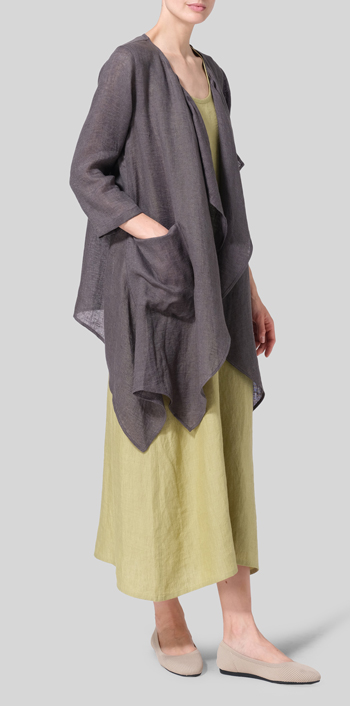 Dark Charcoal Woven Linen Waterfall Open Jacket