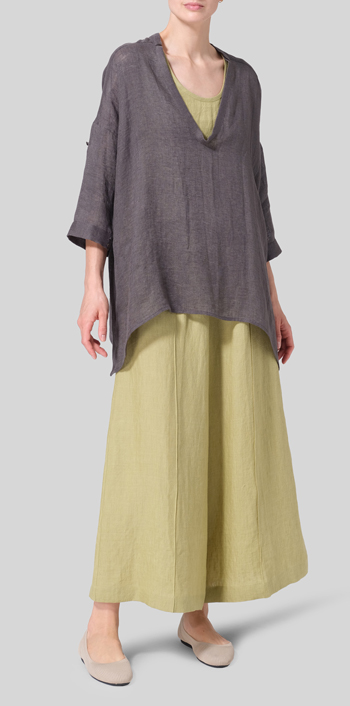 Linen Loose Delicate Deep V-neck Overtop Set
