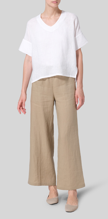 White Linen Sloped Shoulder Wide Boxy V-neck Top