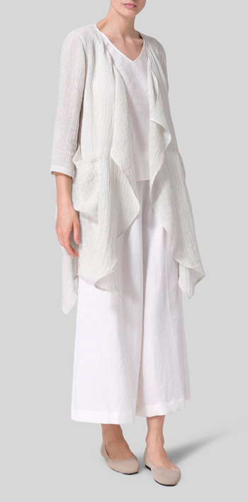 White Linen Gauze Waterfall-Front Jacket