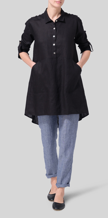 Black Linen Classic Collar A Shape Tunic