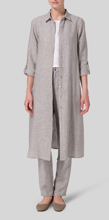Tender Taupe Linen Long-Sleeve Waist-Tie Dress Set