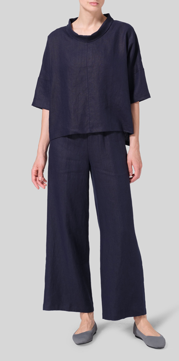 Dark Navy Linen Band Collar Boxy Top