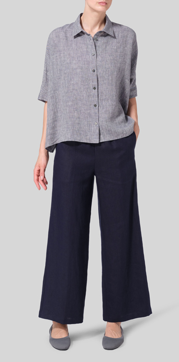 Two Tone Navy White Linen Boxy Sleeves Shirt Set