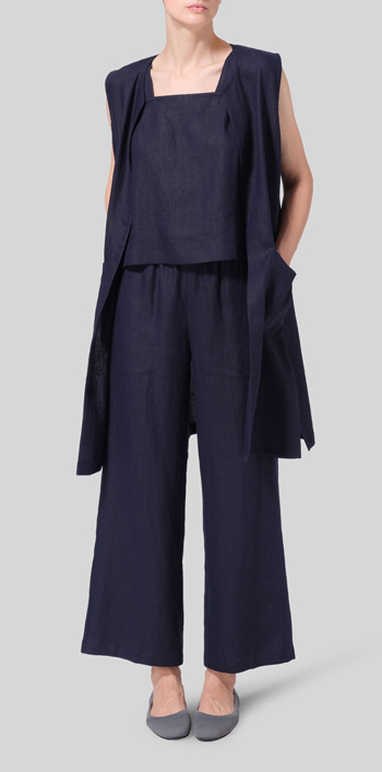 Dark Navy Linen Open Front Straight Long Vest Jacket