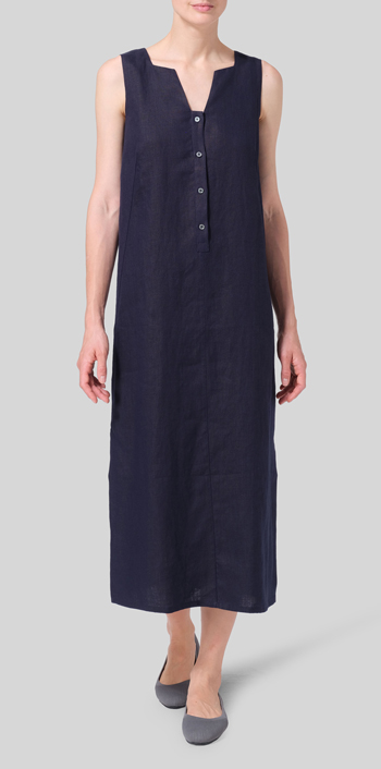 Dark Navy Linen Front Placket Opening Straight Cut Long Dress