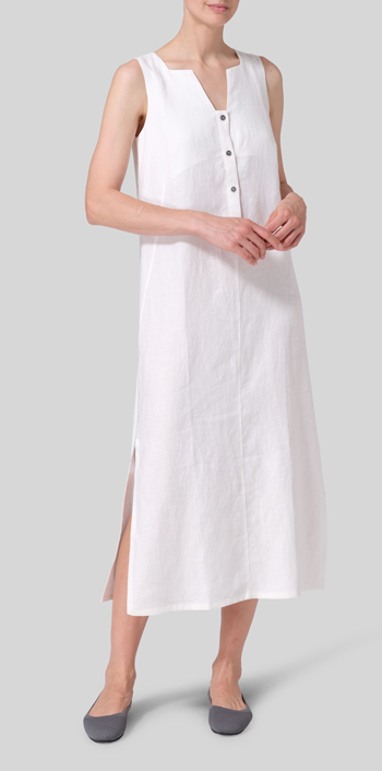 White Linen Front Placket Opening Straight Cut Long Dress