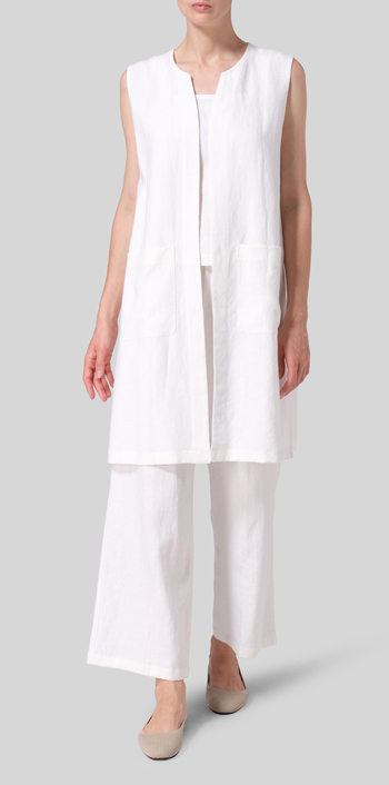 White Linen Open Front Straight Long Vest Jacket
