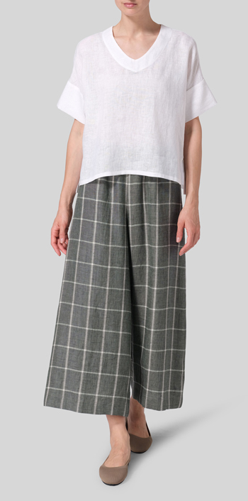 White Linen Sloped Shoulder Wide Boxy V-neck Top Set