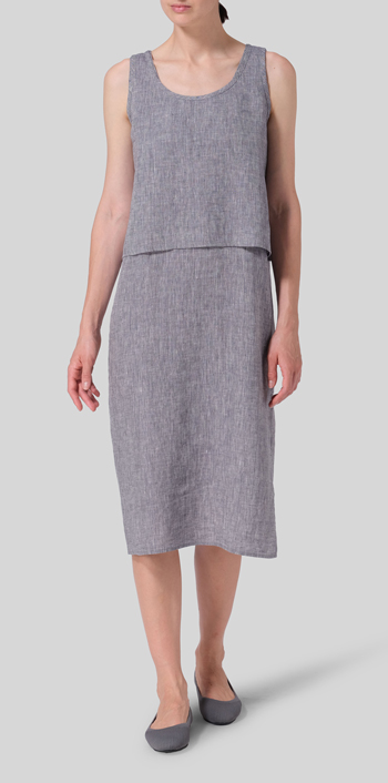 Navy White Linen Shift Dress Vest Suit
