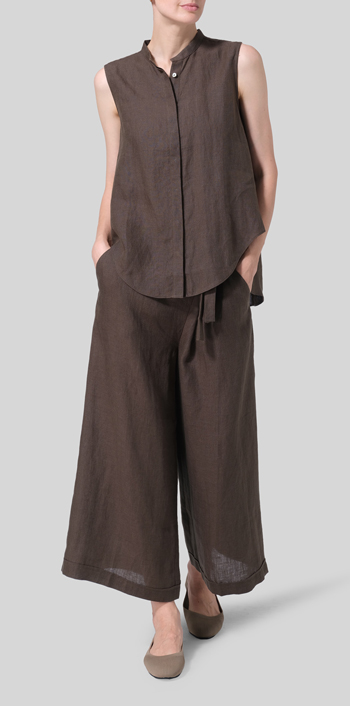 Linen A-line Sleeveless Top with Mandarin Collar Set