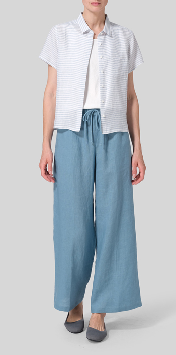 Powder Blue Weave Linen Short Sleeve Mini-point Collar Shirt Set