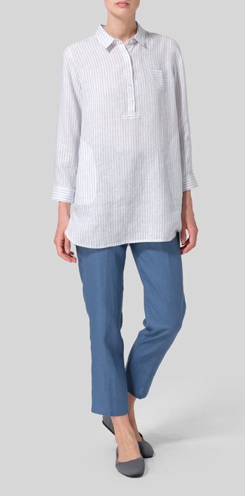 Powder Blue Stripe Linen Straight Cut Half Button-front Shirt