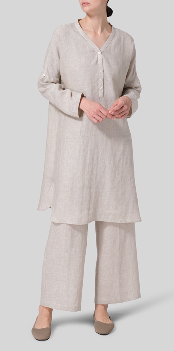 Oat Linen Loose Fit V-Neck Tunic Dress