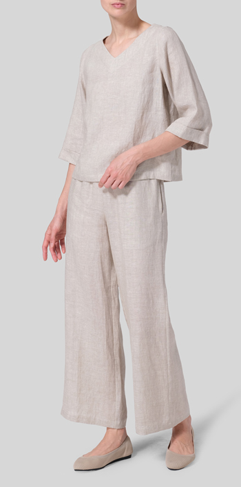 Oat Linen Wide Sleeves V-Neckline Blouse