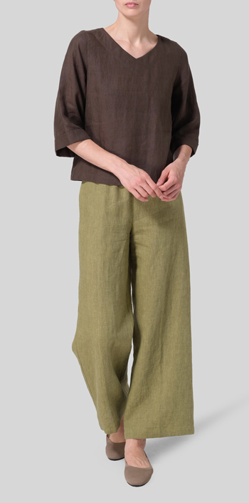 Dark Olive Brown Linen Wide Sleeves V-Neckline Blouse