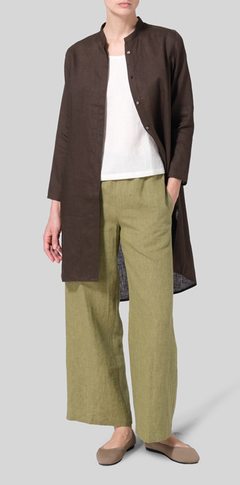 Olive Brown Linen Shirt Dress with Mandarin Collar
