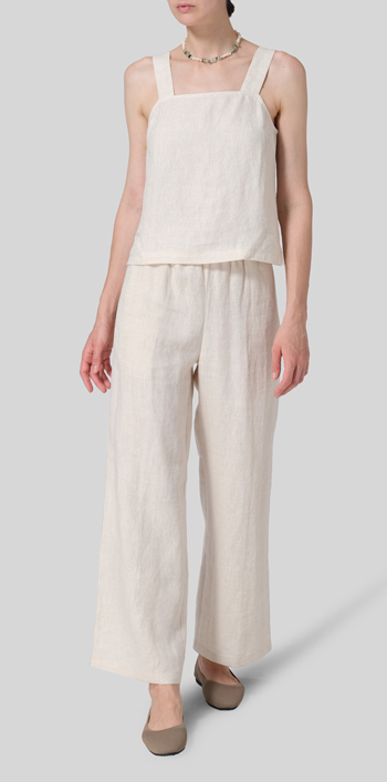 White Sand Linen Square Neckline Button-Back Straight Short Tank Set