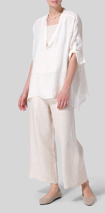 Soft White Linen Loose Delicate Deep V-neck Overtop Set