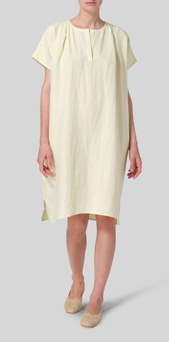 Mist Yellow Linen Straight Cut V-neck Pleated Tunic