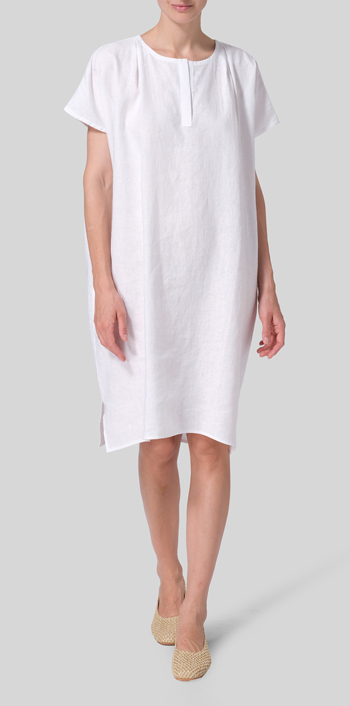 White Linen Straight Cut V-neck Pleated Tunic