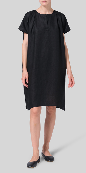 Black Linen Straight Cut V-neck Pleated Tunic