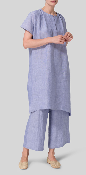 Pale Blue Linen Straight Cut V-neck Pleated Tunic Set