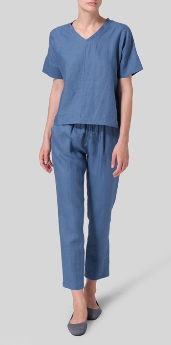 Steel Blue Linen Sloped Shoulder Wide Boxy V-neck Cropped Top Set