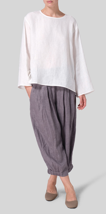 Ivory White Linen Long Sleeve Loose Fit Blouse