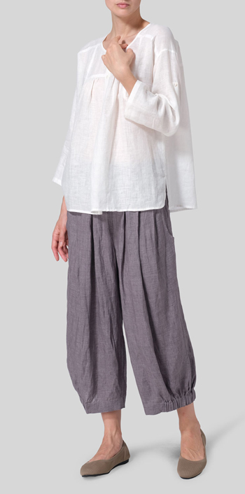 Soft White Linen Loose Fit Roll-Tab Sleeve Pleated Blouse Set