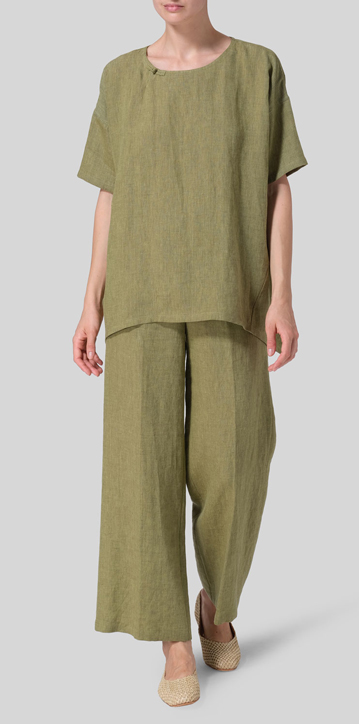Pale Olive Linen Relaxed Handmade Knot Buttons Top Set