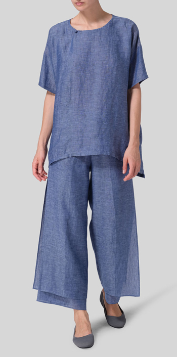 Azure Blue Linen Relaxed Handmade Knot Buttons Top