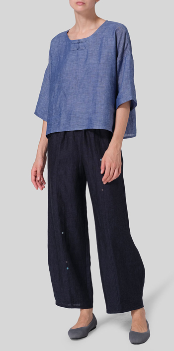 Azure Blue Linen Dropped Shoulder Handmade Knot Button Top